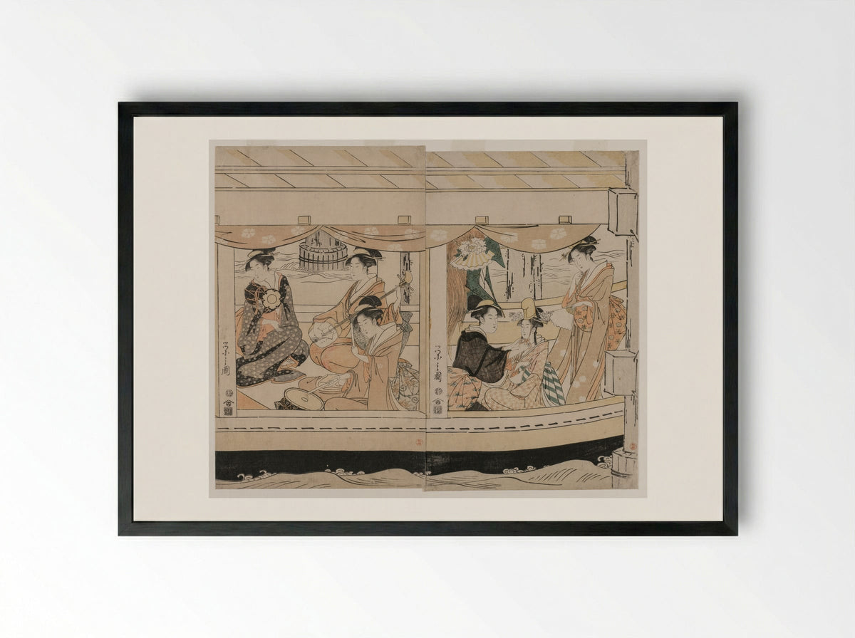 Pleasure Boats on the Sumida River beneath Shin-Ōhashi Bridge - Chōbunsai Eishi - Framed Print Black