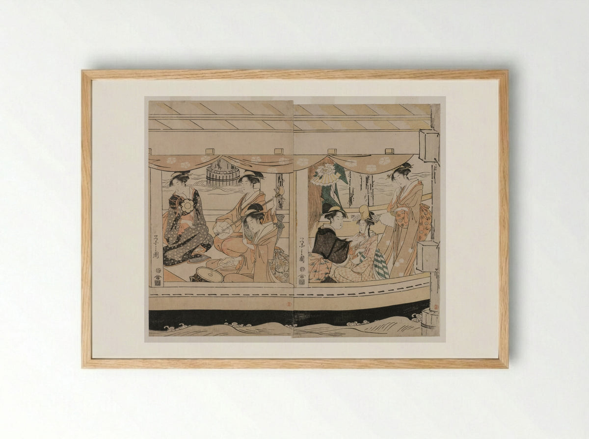 Pleasure Boats on the Sumida River beneath Shin-Ōhashi Bridge - Chōbunsai Eishi - Framed Print Wood