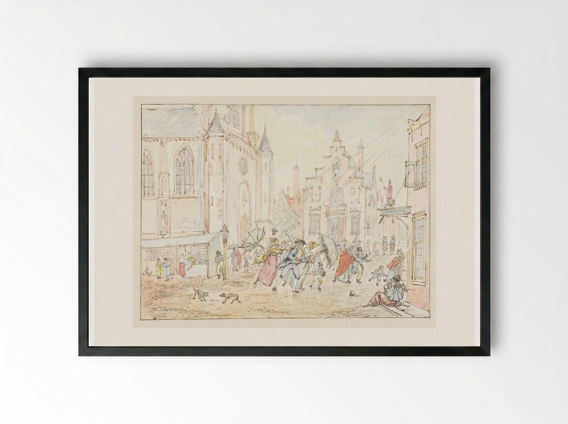 Plein met mensen in de regen - Pieter Bartholomeusz. Barbiers - Framed Print Black