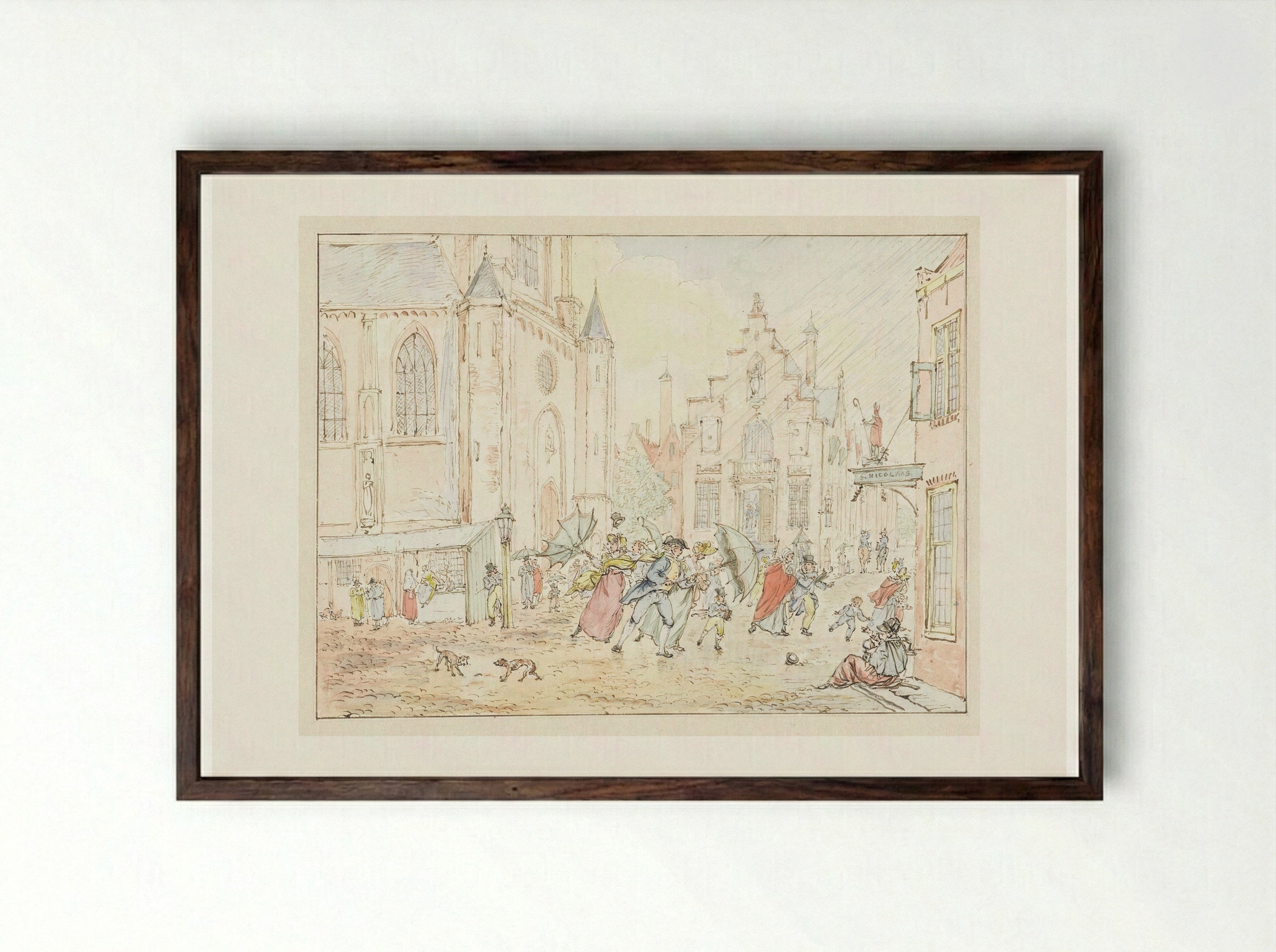 Plein met mensen in de regen - Pieter Bartholomeusz. Barbiers - Framed Print Dark Wood