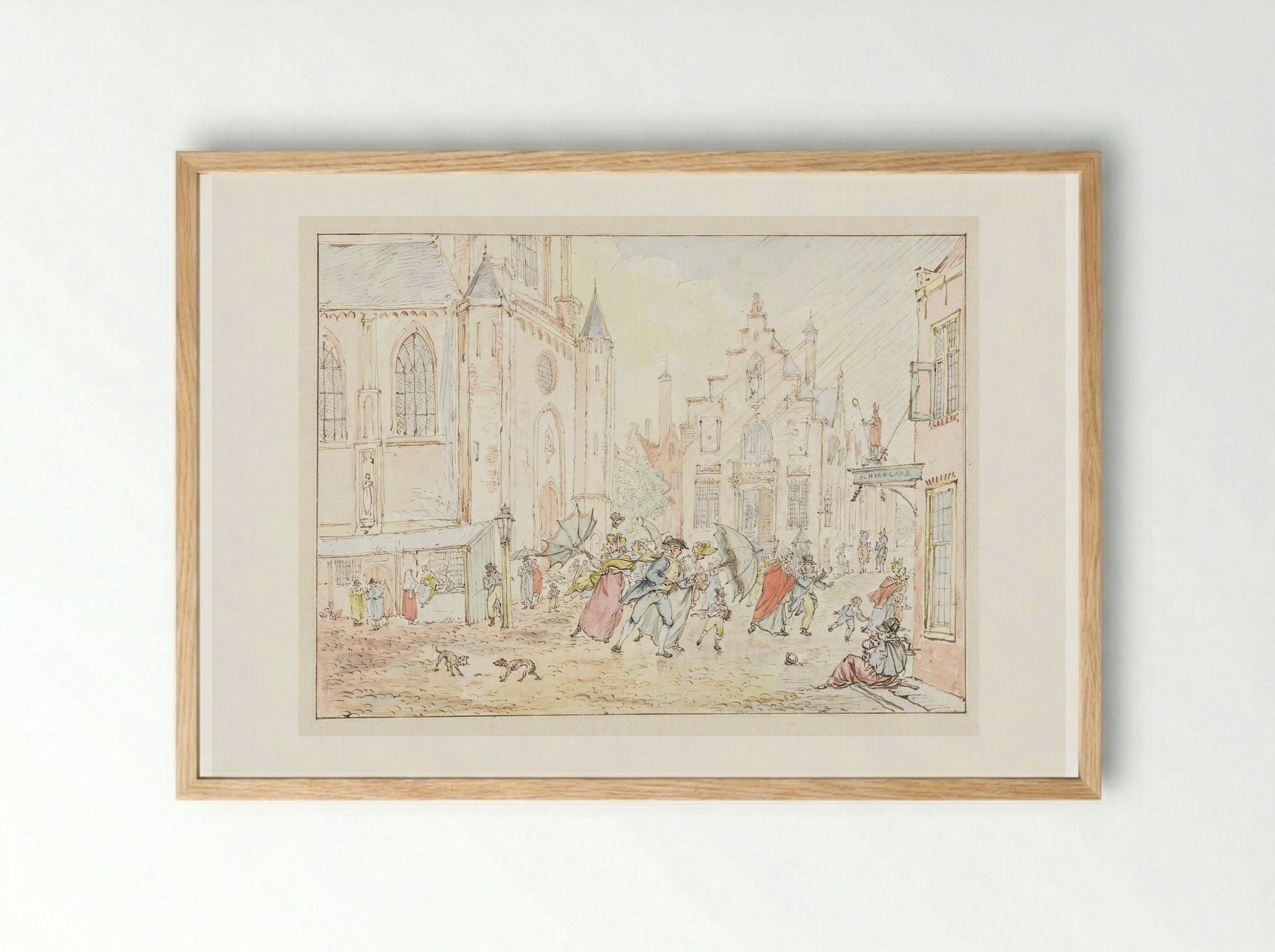 Plein met mensen in de regen - Pieter Bartholomeusz. Barbiers - Framed Print Wood