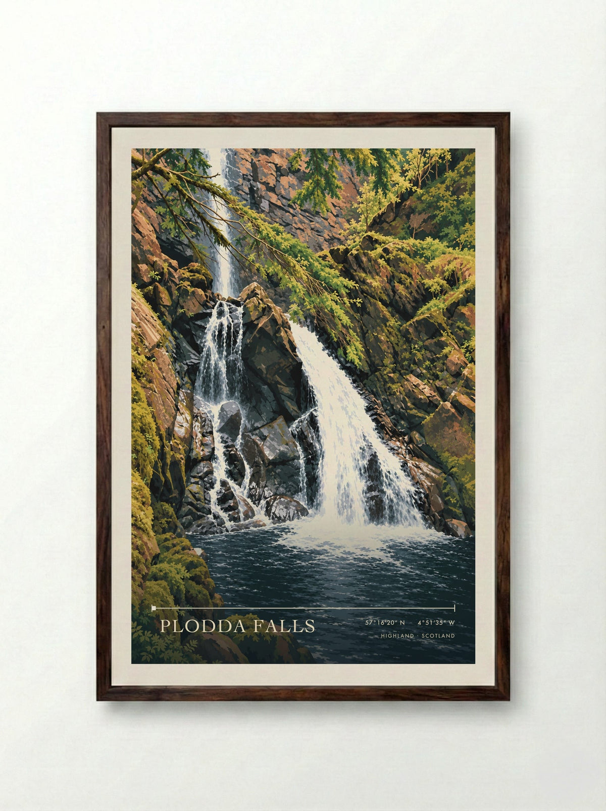 Plodda Falls, Highland | Travel Poster - Framed Print Dark Wood