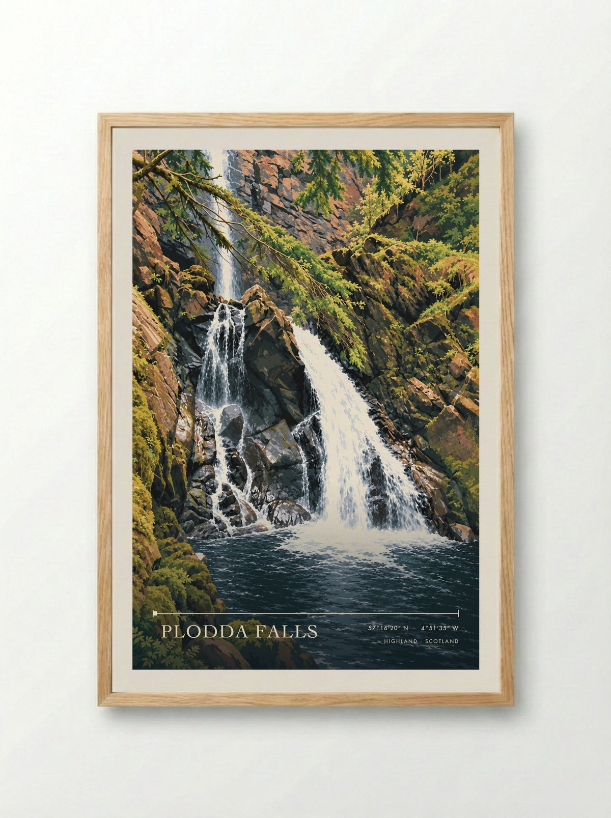Plodda Falls, Highland | Travel Poster - Framed Print Wood
