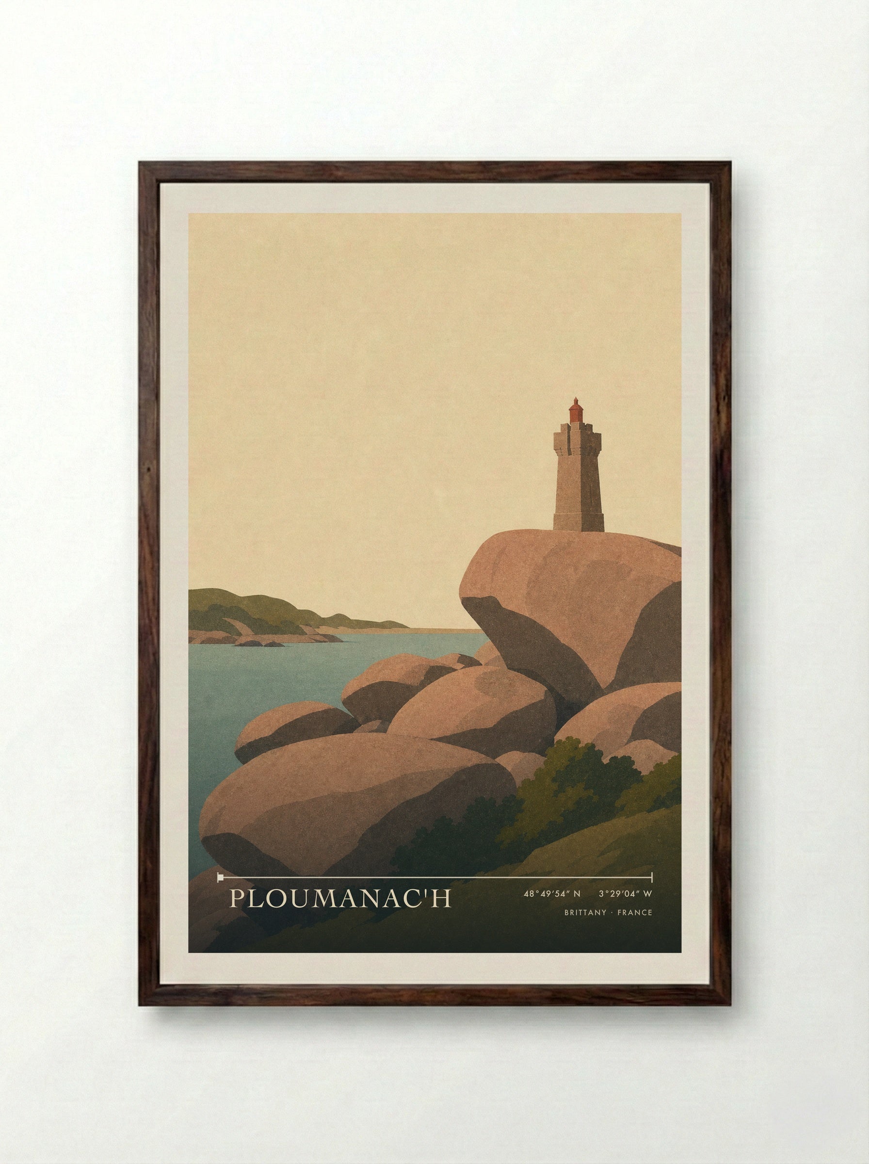 Ploumanac'h Travel Poster Artwork - Framed Print Dark Wood