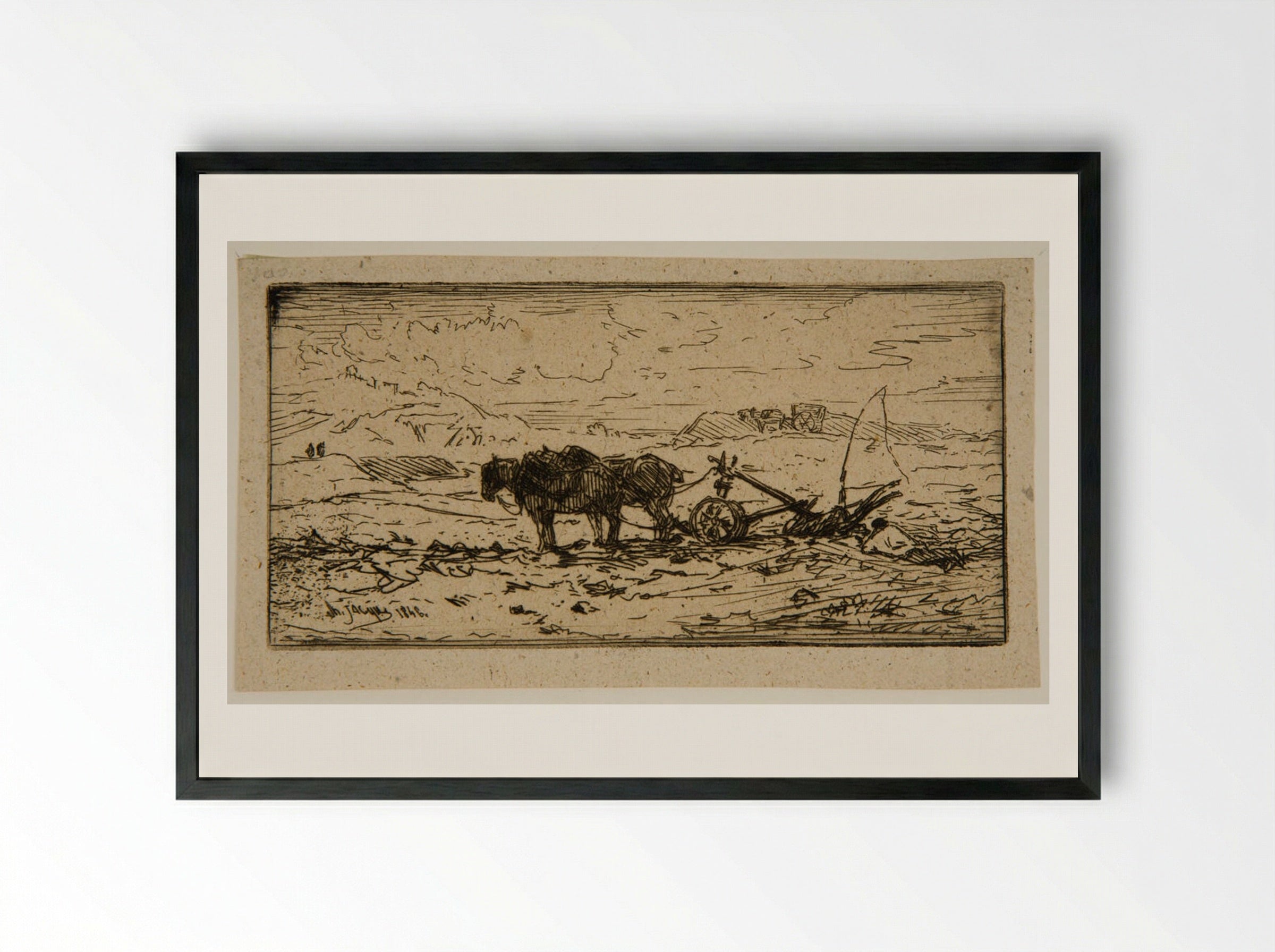 Plow Drawn by Two Horses - Charles-Émile Jacque - Framed Print Black