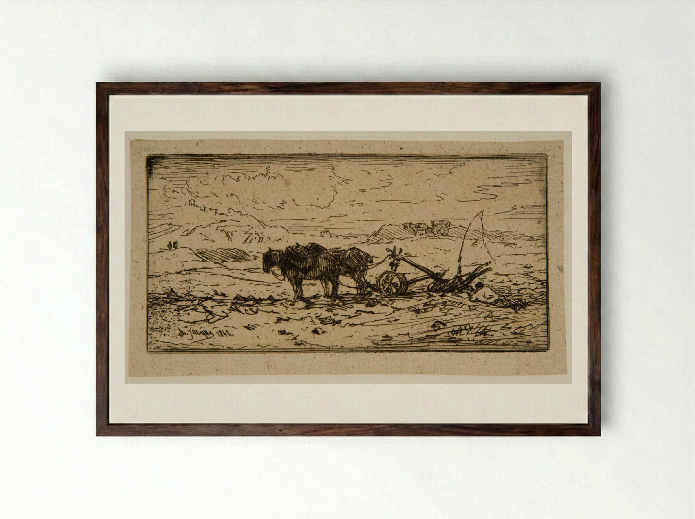 Plow Drawn by Two Horses - Charles-Émile Jacque - Framed Print Dark Wood