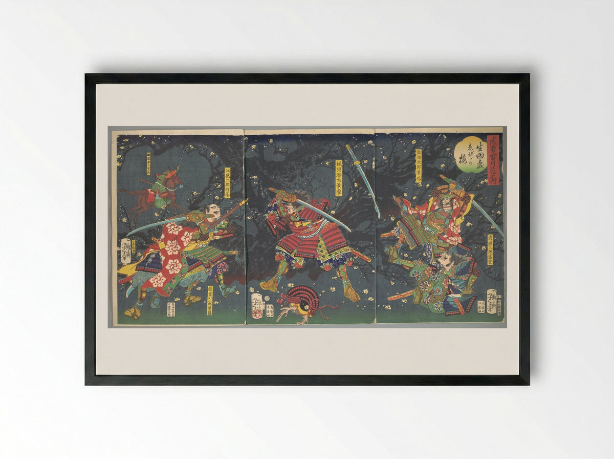 Plum Blossoms in the Forest of Ikuta - Tsukioka Yoshitoshi - Framed Print Black