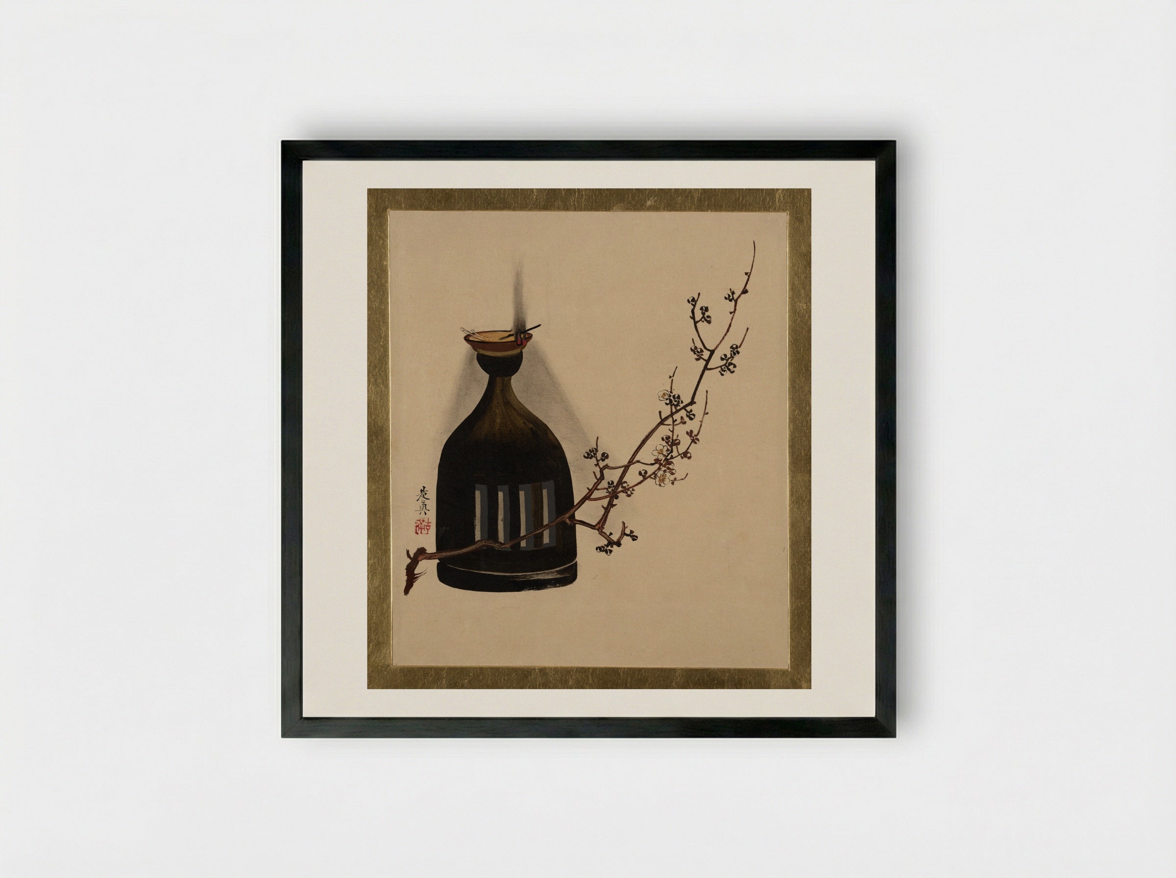 Plum Branch with Oil Lamp - Shibata Zeshin - Framed Print Black