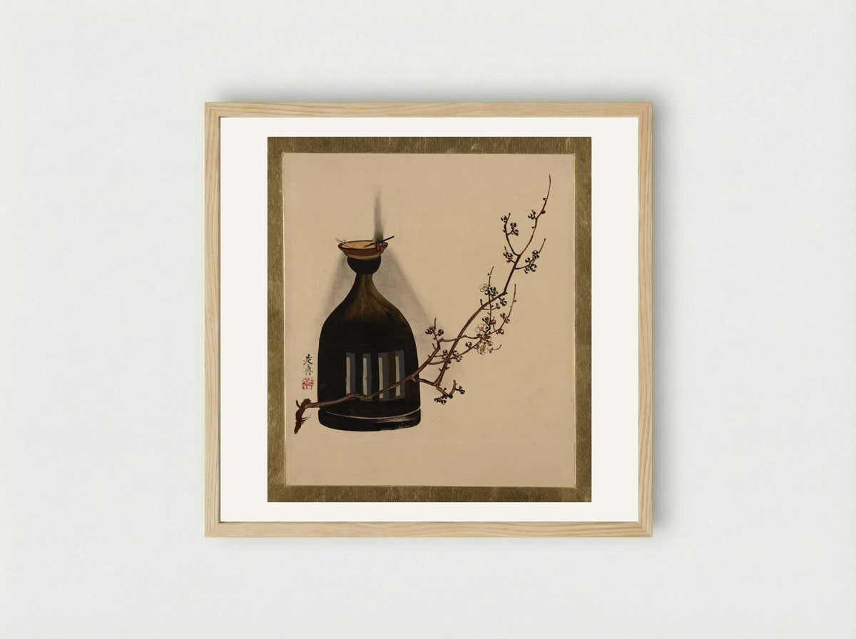 Plum Branch with Oil Lamp - Shibata Zeshin - Framed Print Wood
