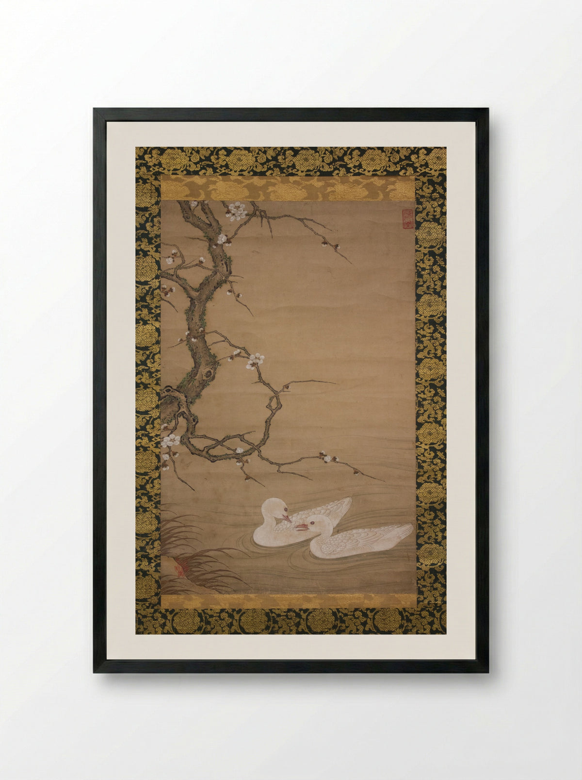 Plum Tree and Waterfowl - Kano Masanobu - Framed Print Black