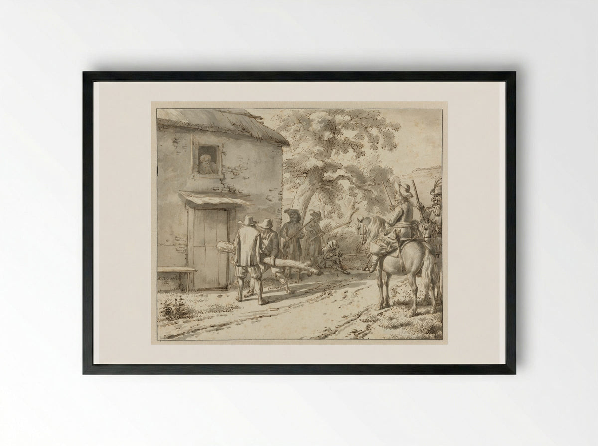 Plundering Soldiers at a Farmhouse - Adriaen van de Velde - Framed Print Black