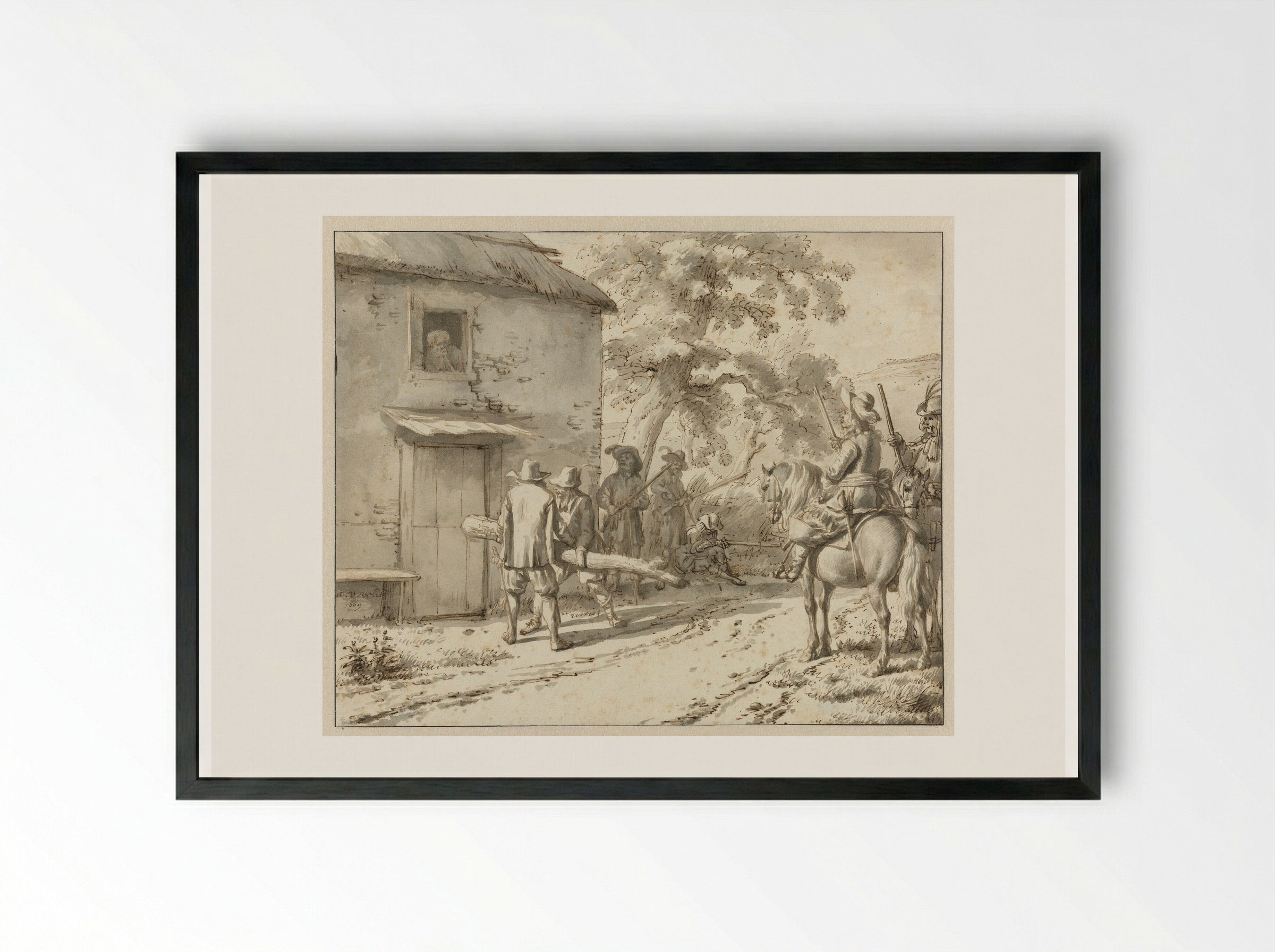 Plundering Soldiers at a Farmhouse - Adriaen van de Velde - Framed Print Black