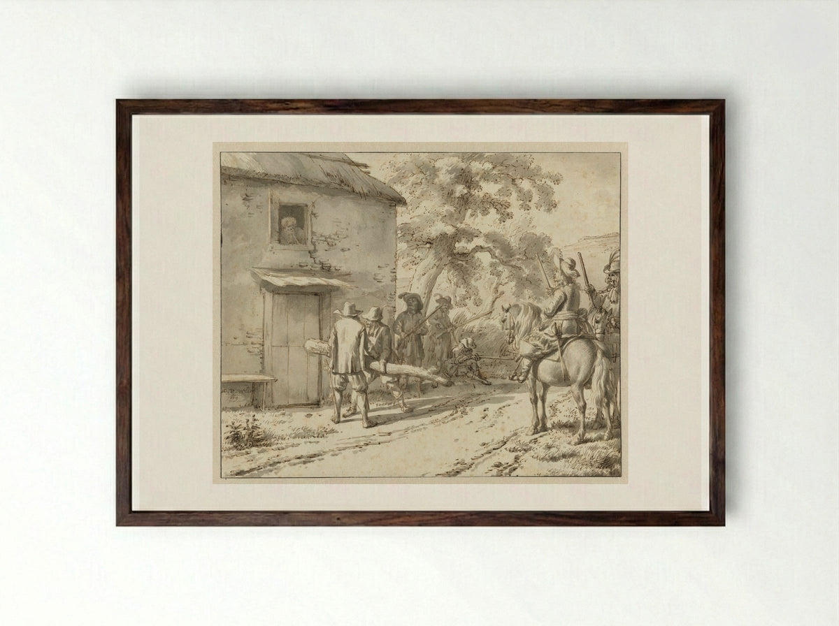 Plundering Soldiers at a Farmhouse - Adriaen van de Velde - Framed Print Dark Wood