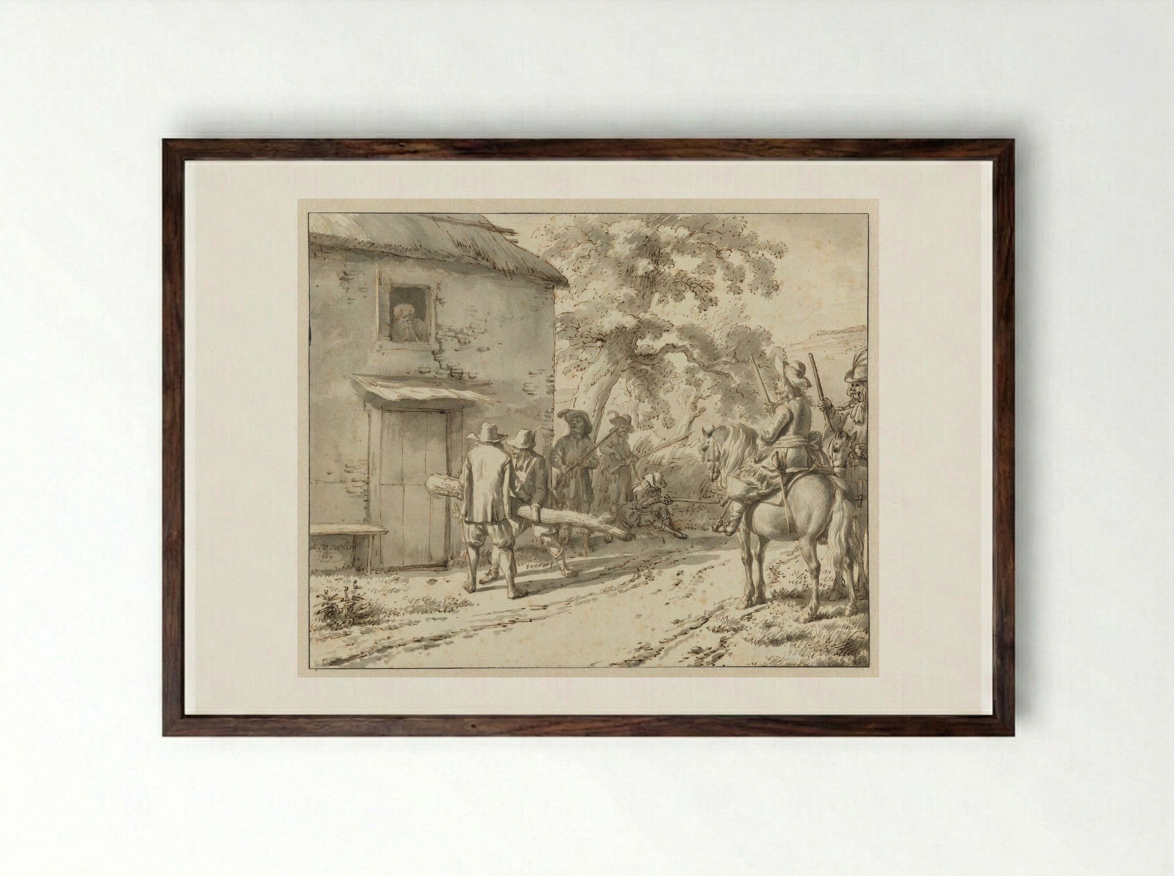 Plundering Soldiers at a Farmhouse - Adriaen van de Velde - Framed Print Dark Wood