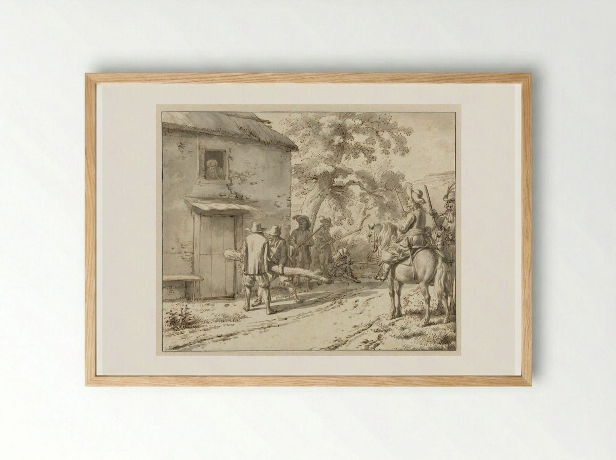 Plundering Soldiers at a Farmhouse - Adriaen van de Velde - Framed Print Wood