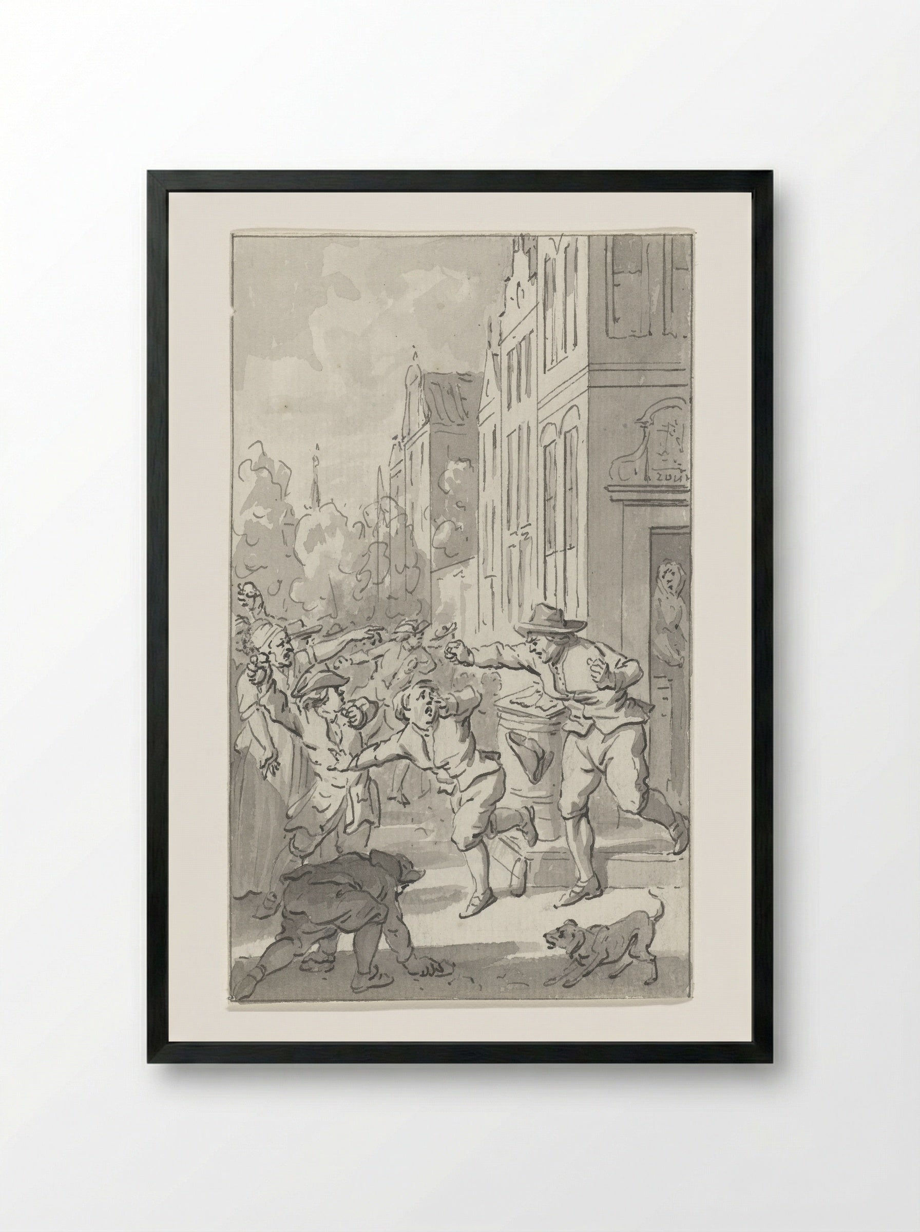 Plundering van het huis van een Fransgezinde visverkoper te Deventer, 1747 - Jacobus Buys - Framed Print Black