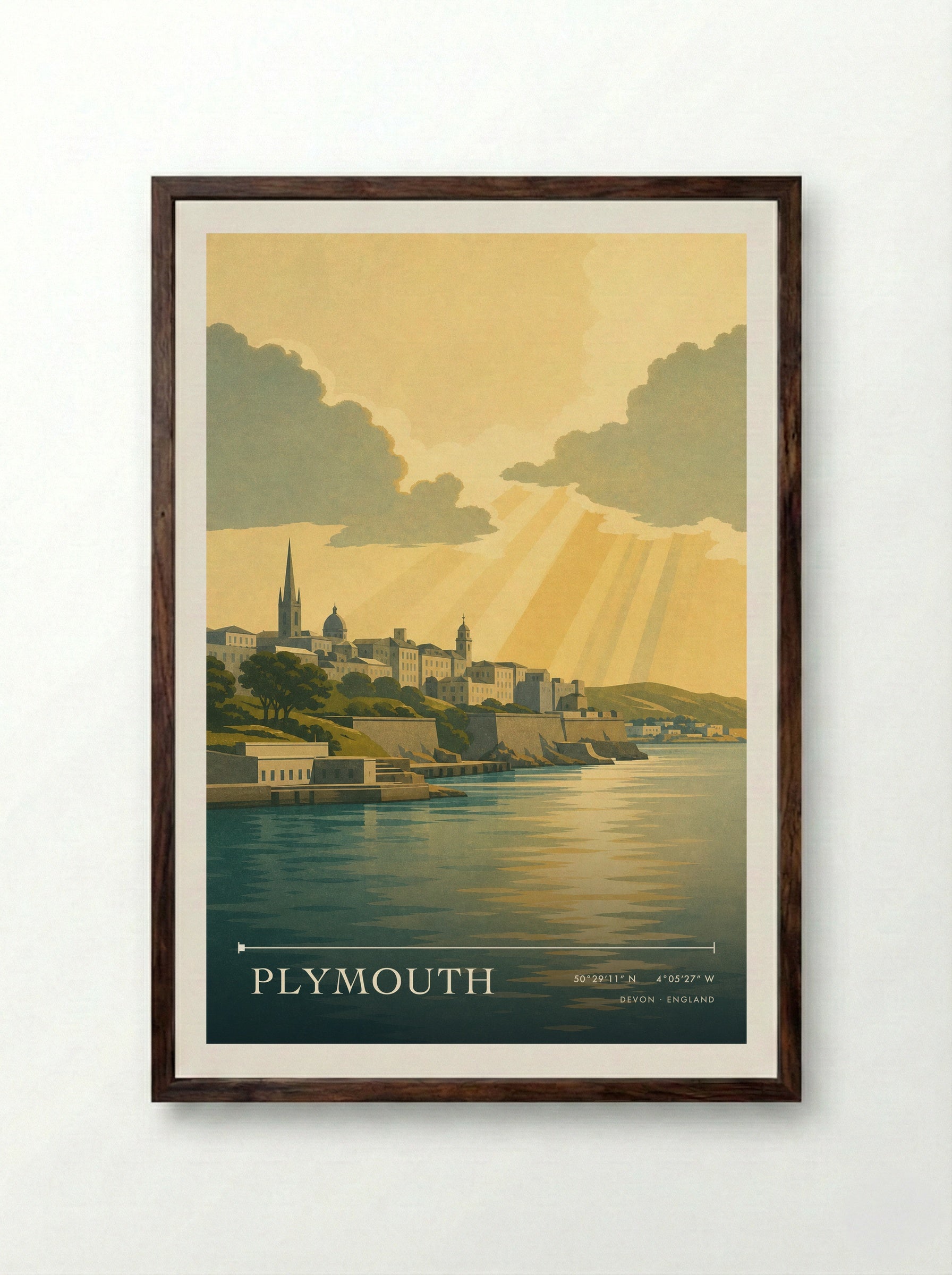 Plymouth Devon England Travel Poster - Framed Print Dark Wood