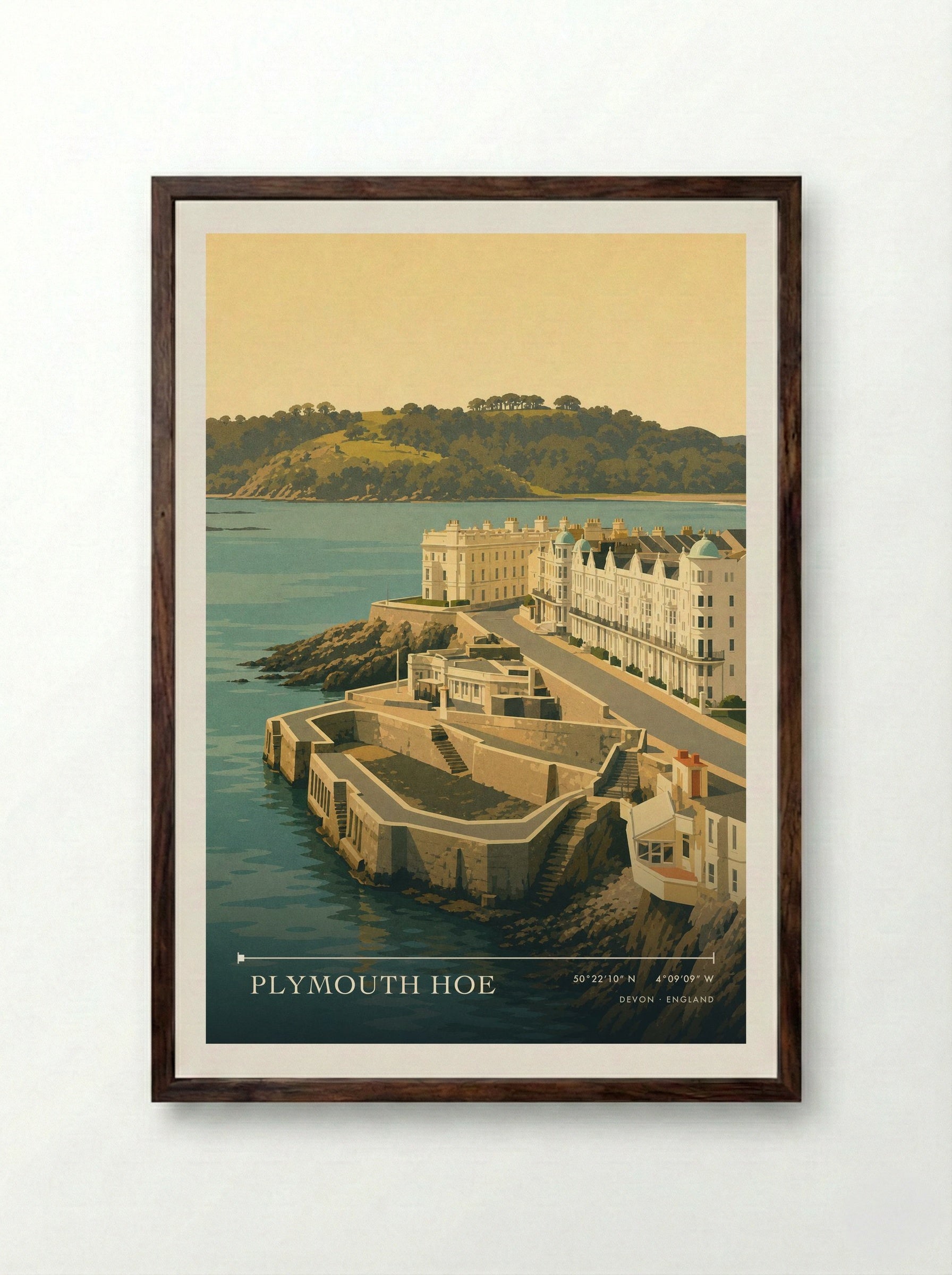 Plymouth Hoe Devon England Travel Poster - Framed Print Dark Wood