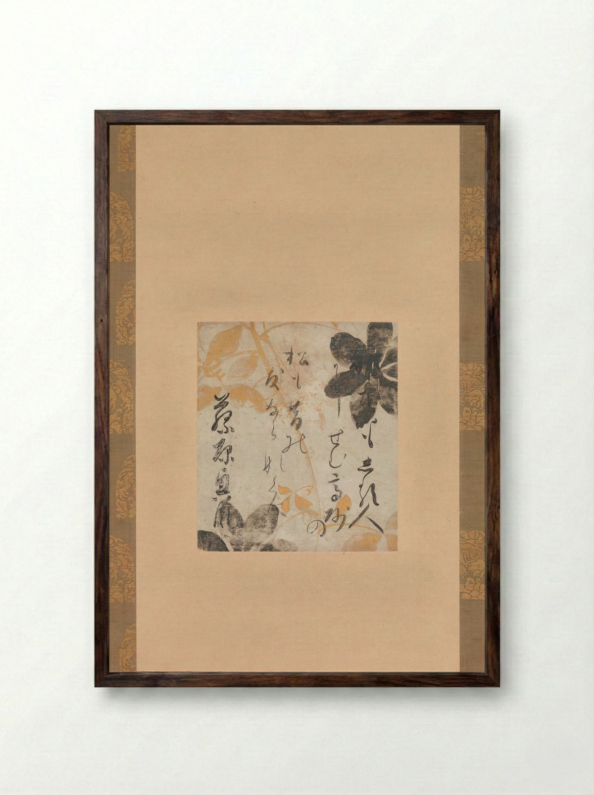 Poem by Fujiwara no Okikaze with Underpainting of Clematis - Shōkadō Shōjō - Framed Print Dark Wood