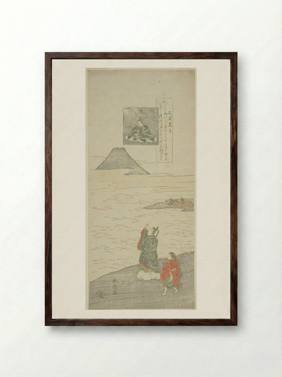 Poem by Otomo no Kuronushi - Suzuki Harunobu - Framed Print Dark Wood