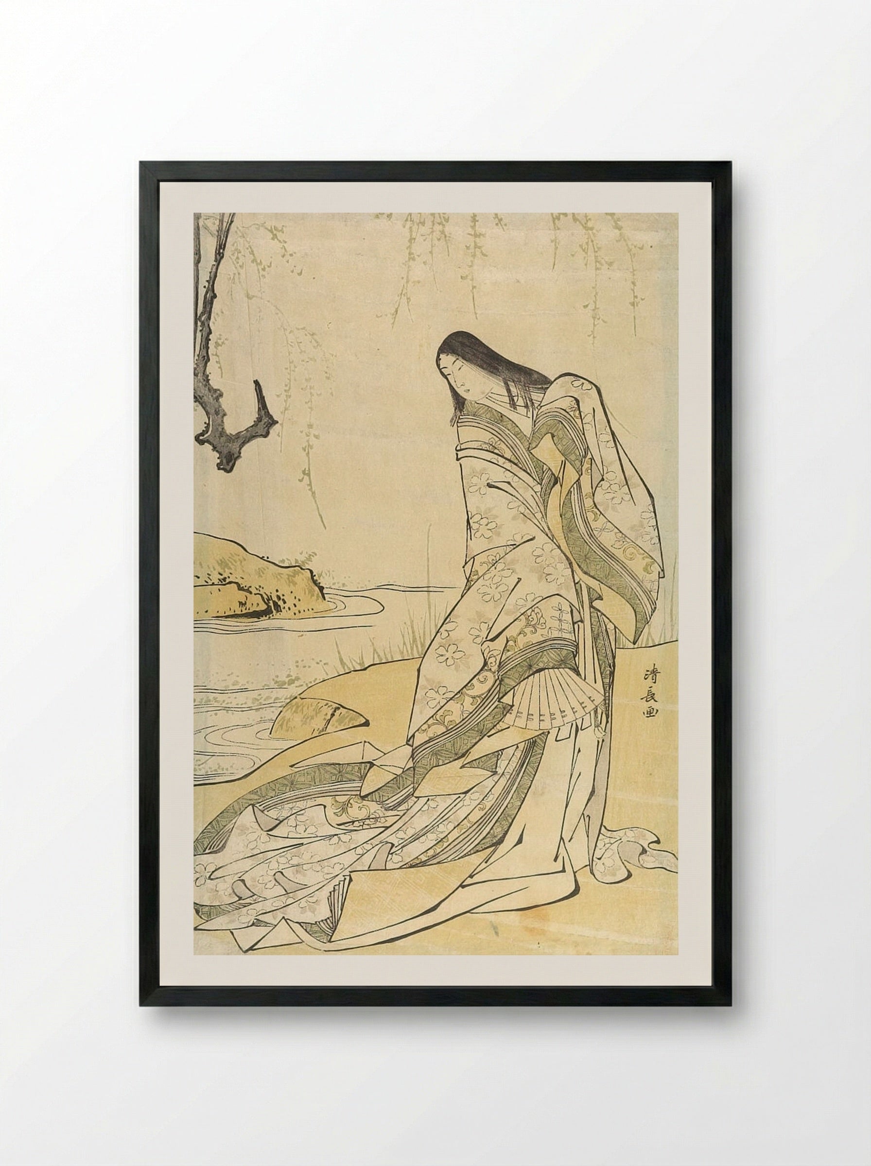 Poet Ono no Komachi Standing Beneath Willow by a Stream - Torii Kiyonaga - Framed Print Black