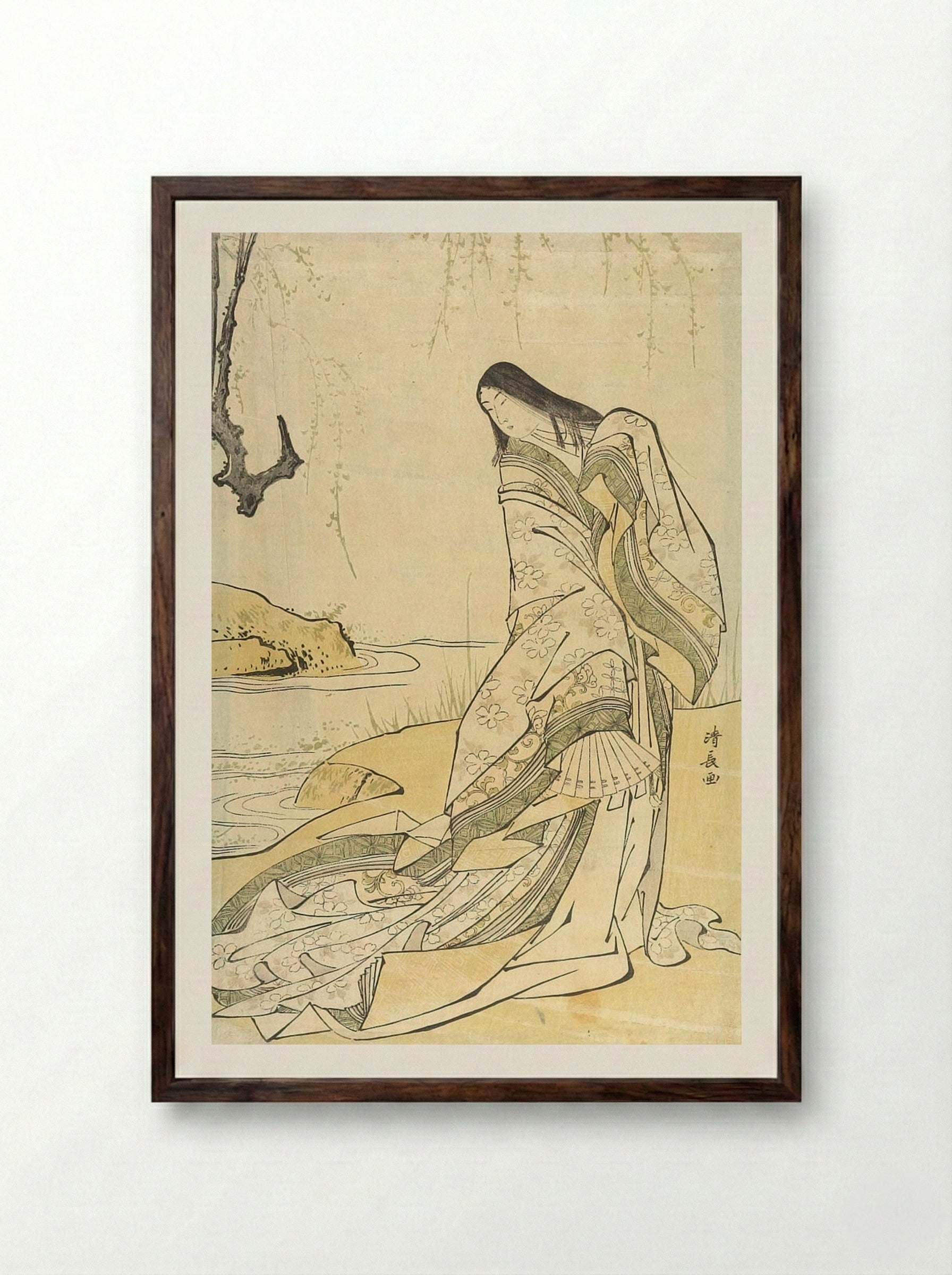 Poet Ono no Komachi Standing Beneath Willow by a Stream - Torii Kiyonaga - Framed Print Dark Wood