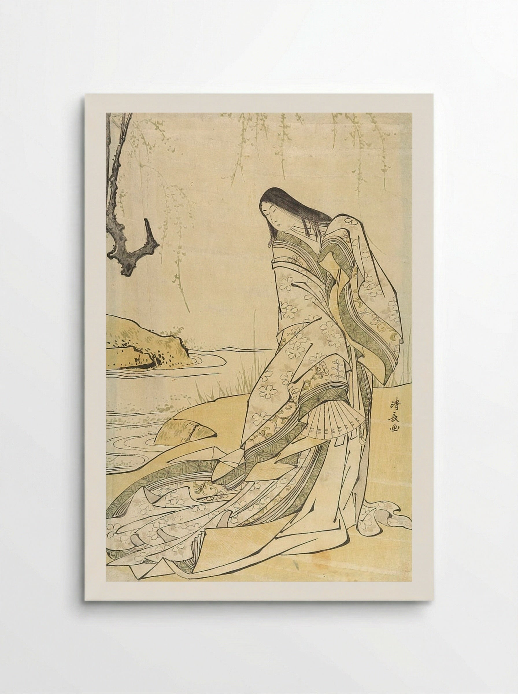 Poet Ono no Komachi Standing Beneath Willow by a Stream - Torii Kiyonaga - Poster