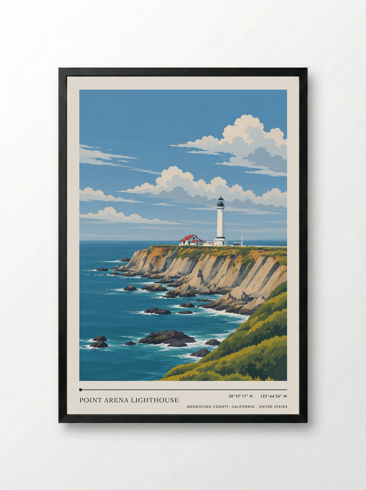 Point Arena Lighthouse, Mendocino County, California | Travel Poster - Framed Print Black