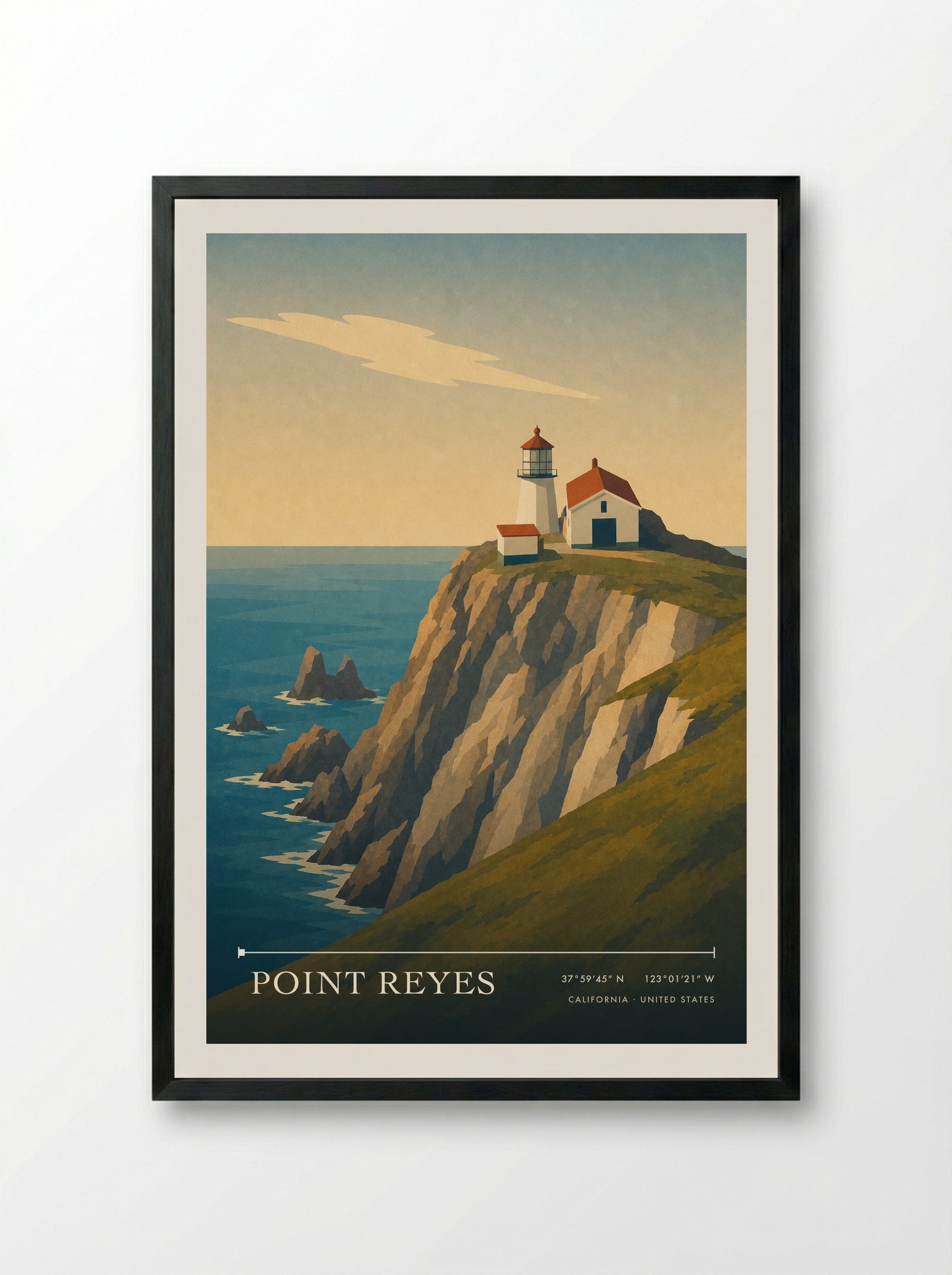 Point Reyes Travel Poster Artwork - Framed Print Black