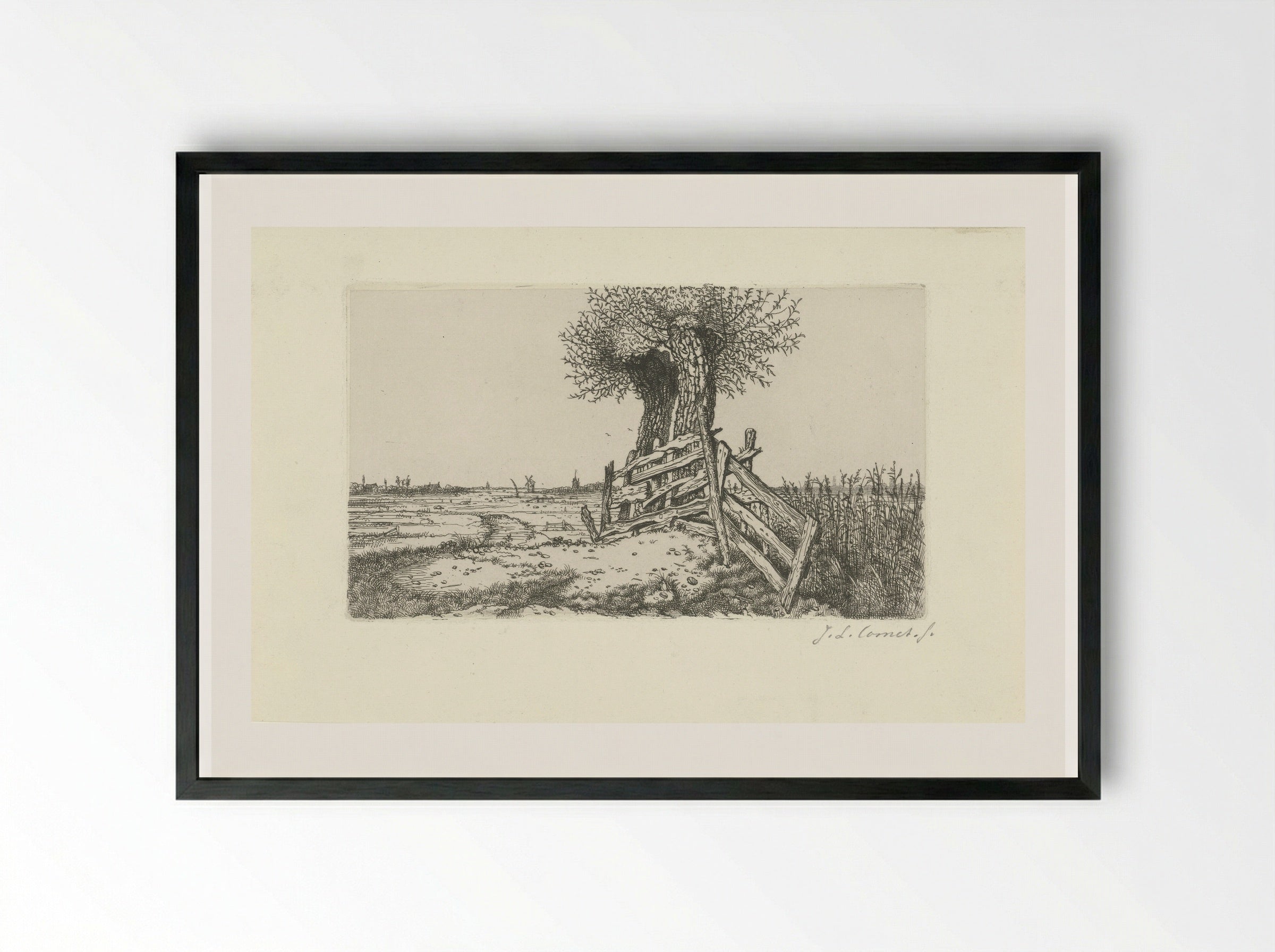 Polder Landscape with Gate - Jacobus Ludovicus Cornet - Framed Print Black
