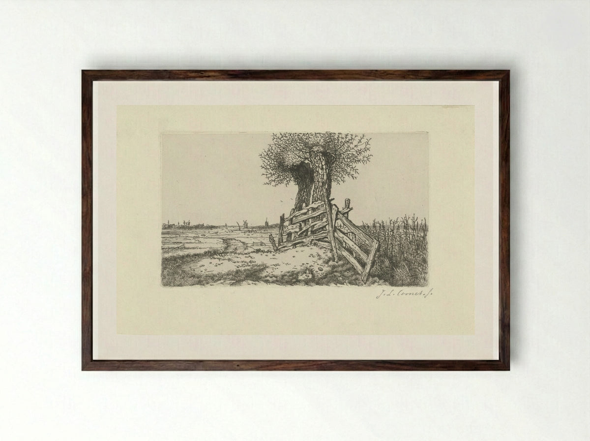 Polder Landscape with Gate - Jacobus Ludovicus Cornet - Framed Print Dark Wood