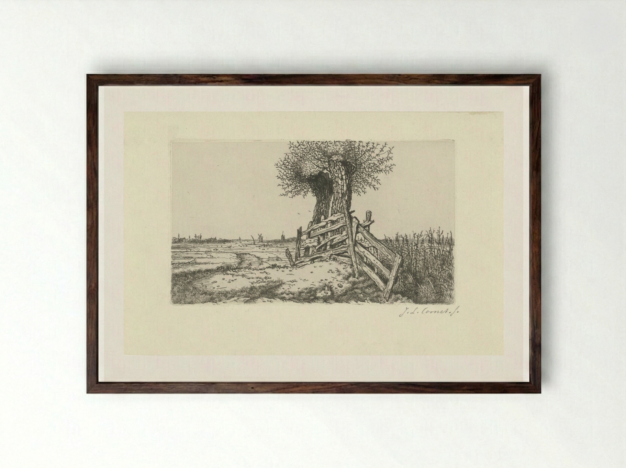 Polder Landscape with Gate - Jacobus Ludovicus Cornet - Framed Print Dark Wood