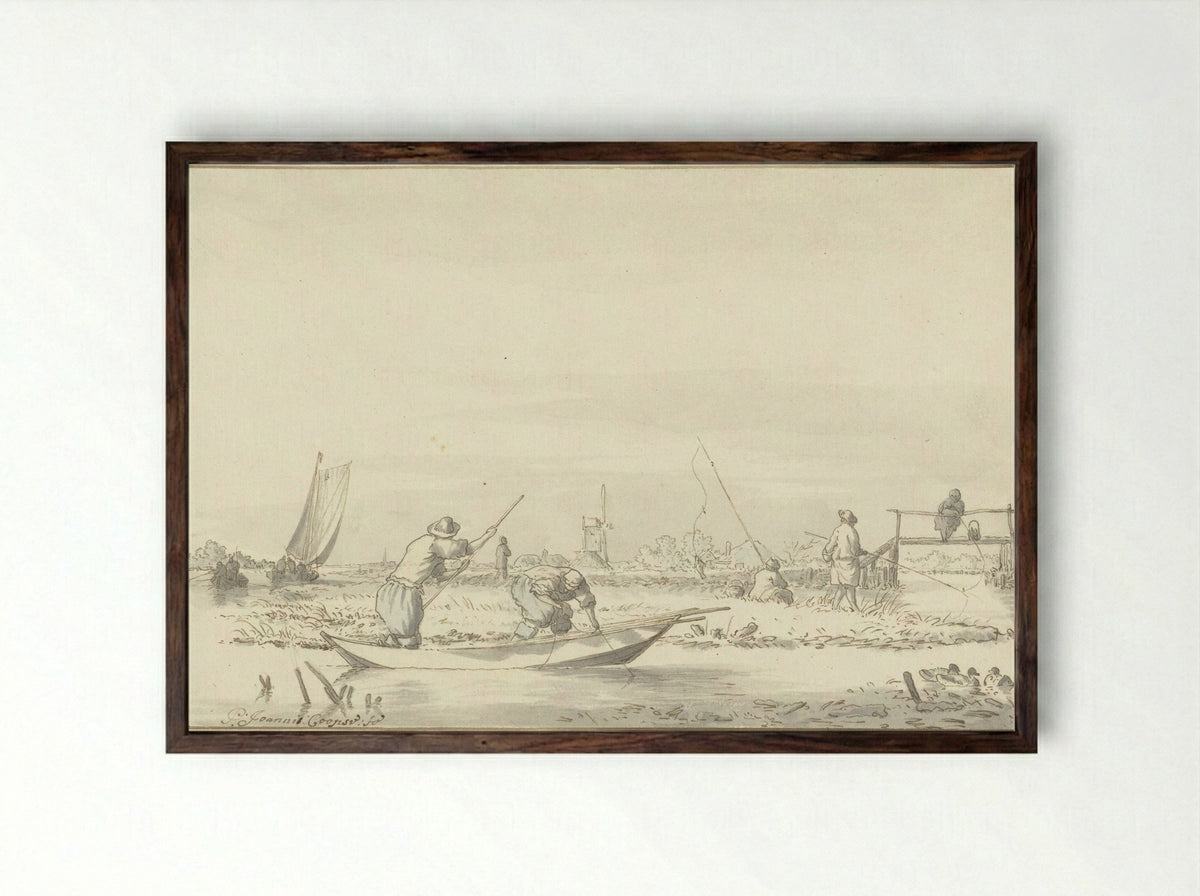 Polderlandschap met vissers - Pieter Coopse - Framed Print Dark Wood