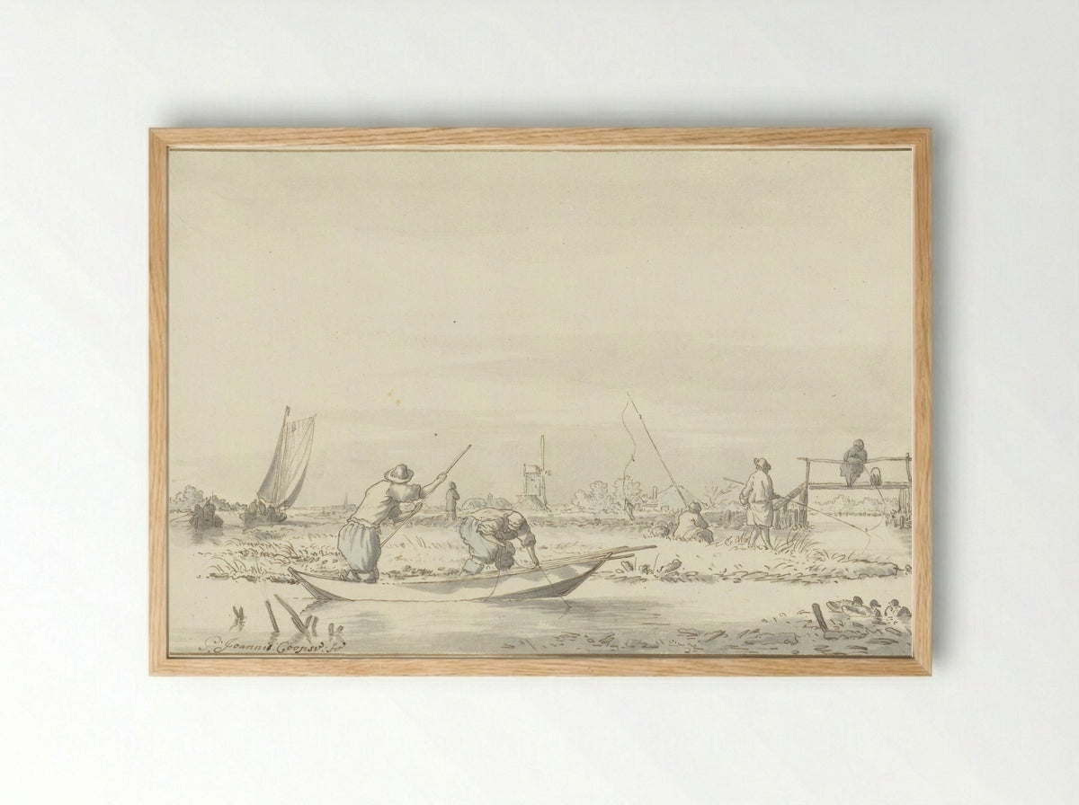 Polderlandschap met vissers - Pieter Coopse - Framed Print Wood