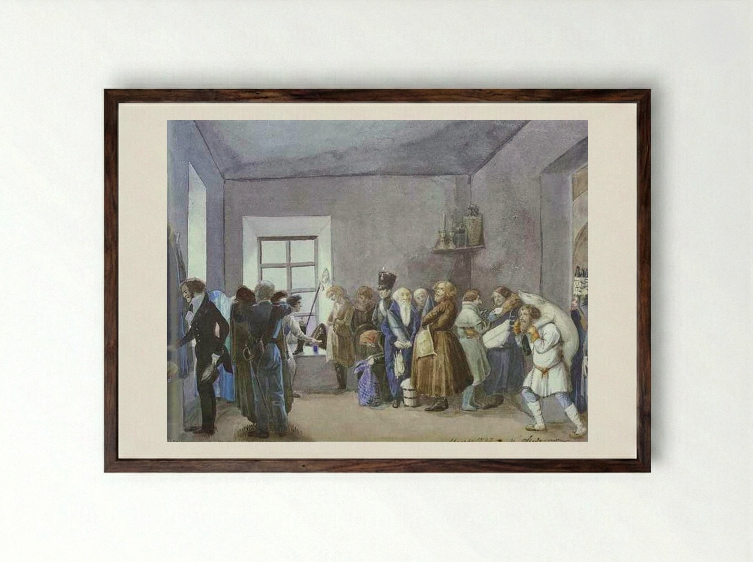 Police Commissary's Reception Room the Night Before a Holiday - Pavel Fedotov - Framed Print Dark Wood
