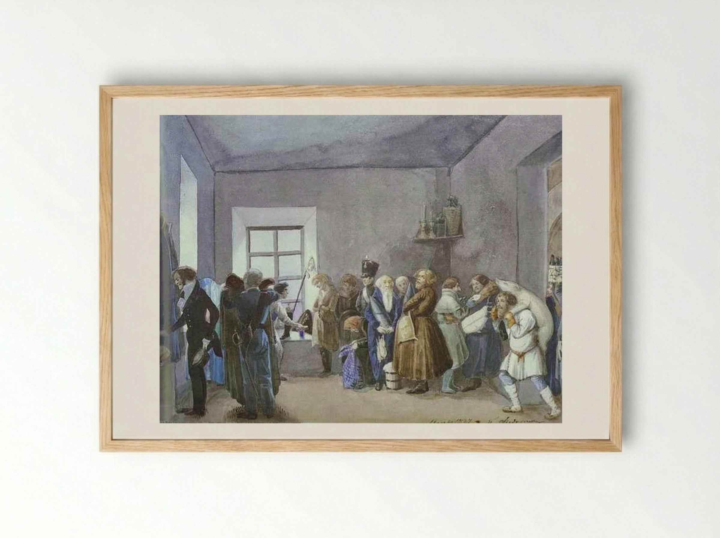 Police Commissary's Reception Room the Night Before a Holiday - Pavel Fedotov - Framed Print Wood