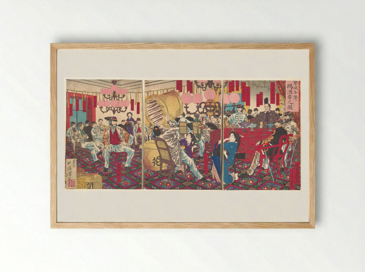 Police Superintendant's Party: A Gift of Food and Drink - Tsukioka Yoshitoshi - Framed Print Wood