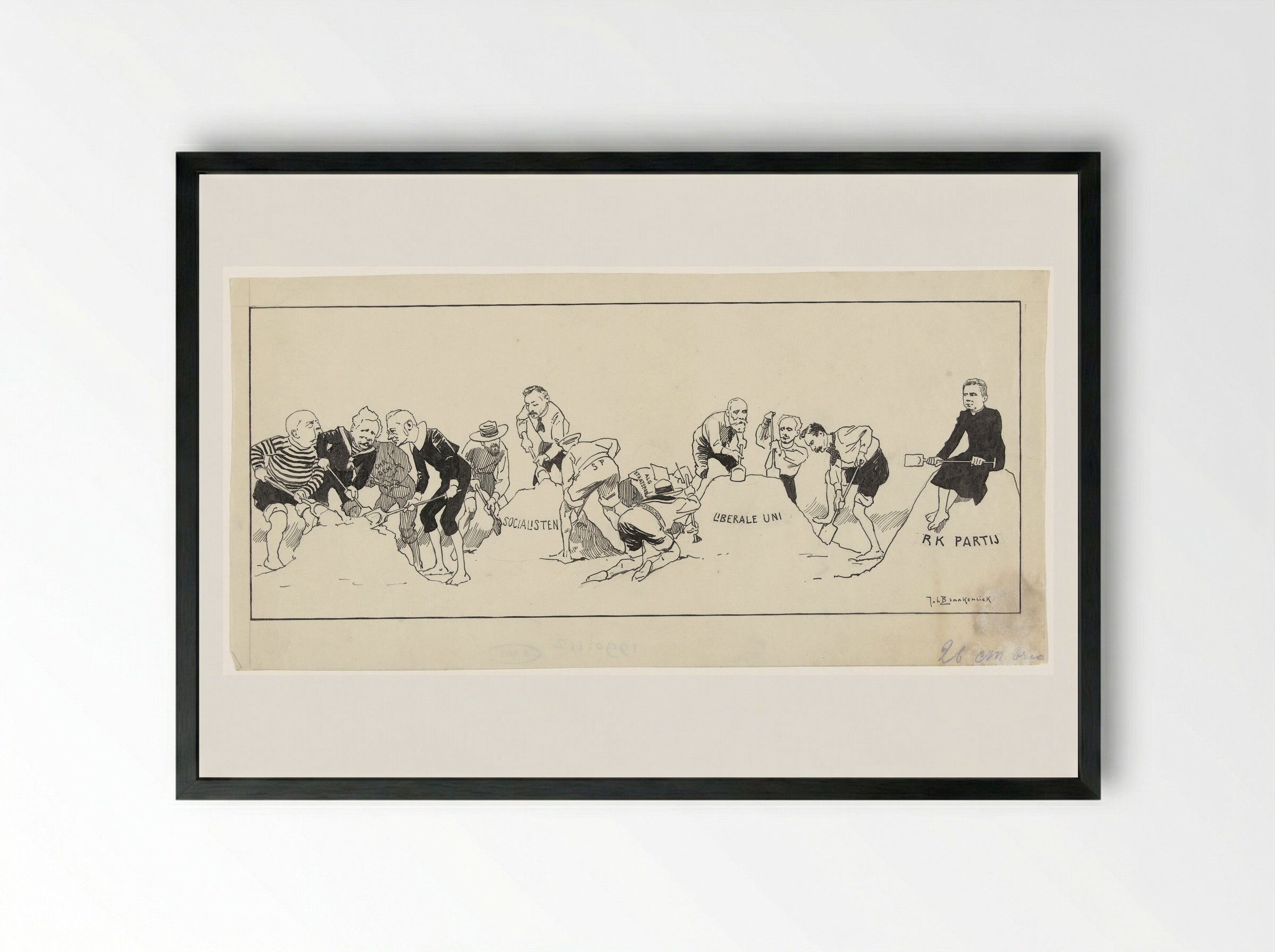 Political Parties Building Sandcastles - Johan Braakensiek - Framed Print Black