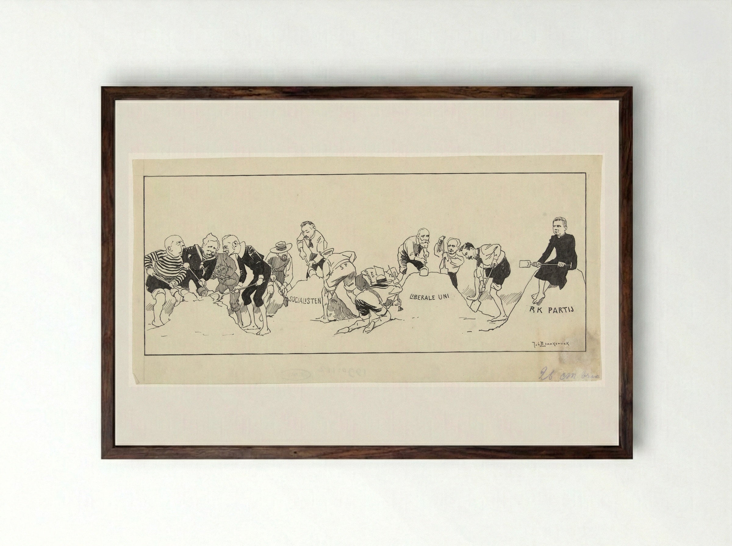 Political Parties Building Sandcastles - Johan Braakensiek - Framed Print Dark Wood