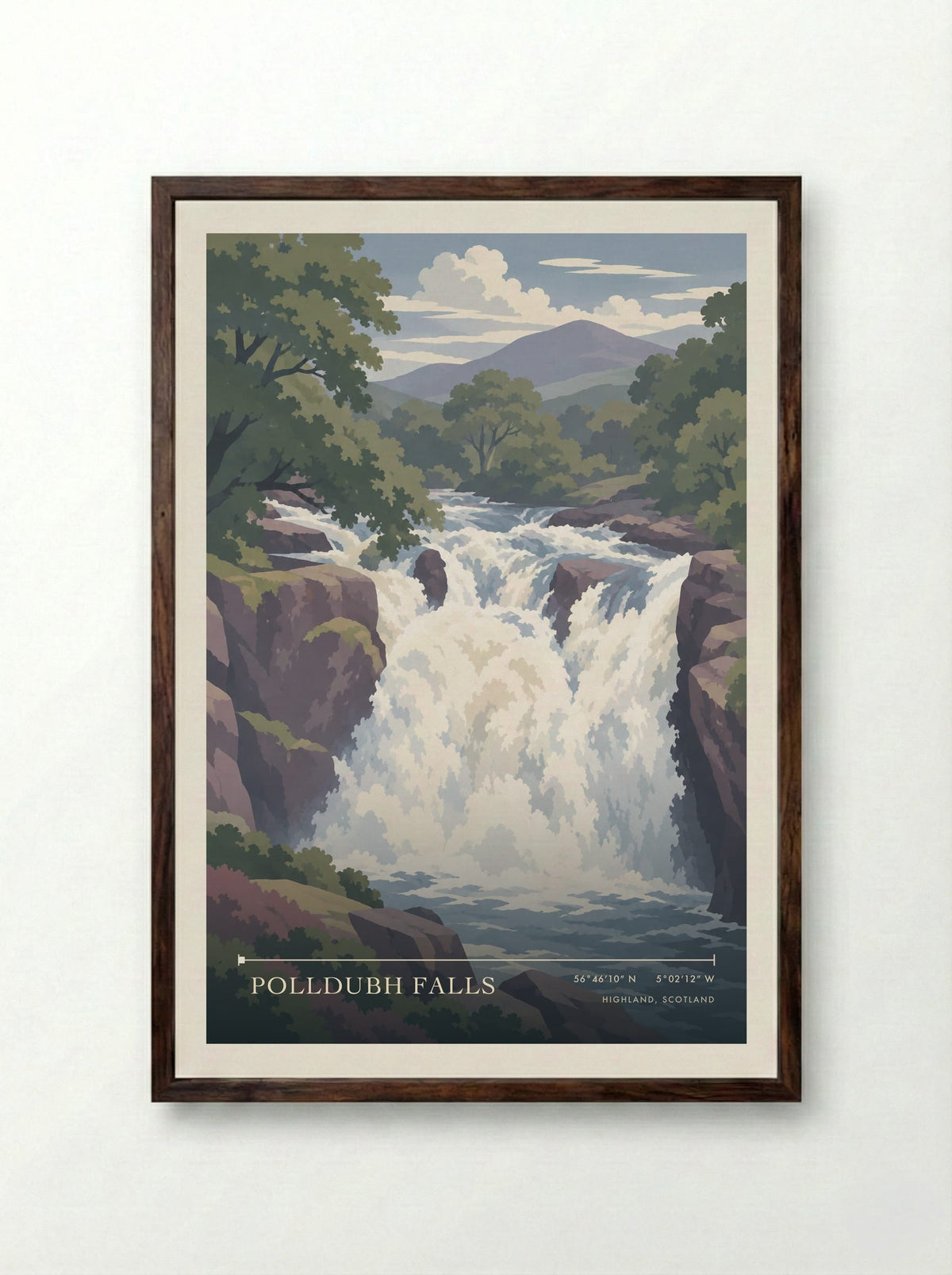 Polldubh Falls, Highland, Scotland | Travel Poster - Framed Print Dark Wood