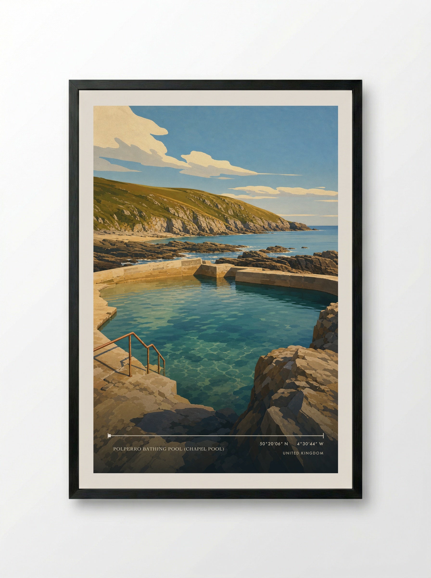 Polperro Bathing Pool (Chapel Pool) United Kingdom Travel Poster - Framed Print Black