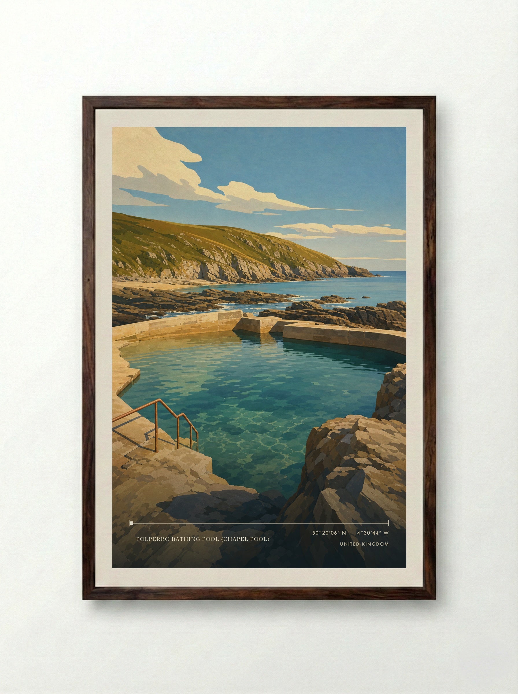 Polperro Bathing Pool (Chapel Pool) United Kingdom Travel Poster - Framed Print Dark Wood