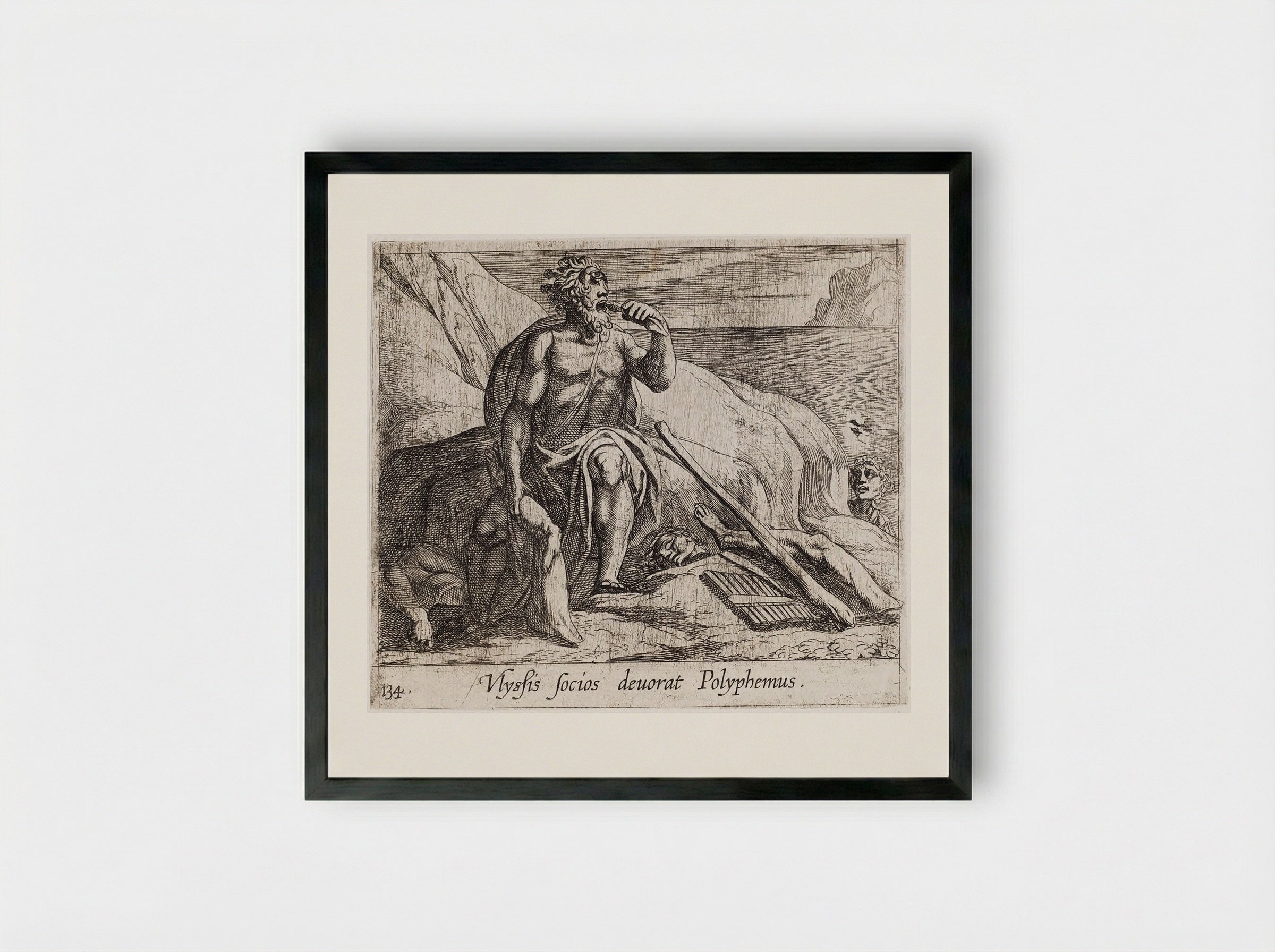 Polyphemus Eating Ulysses' Men, as Achaemides Watches - Antonio Tempesta - Framed Print Black