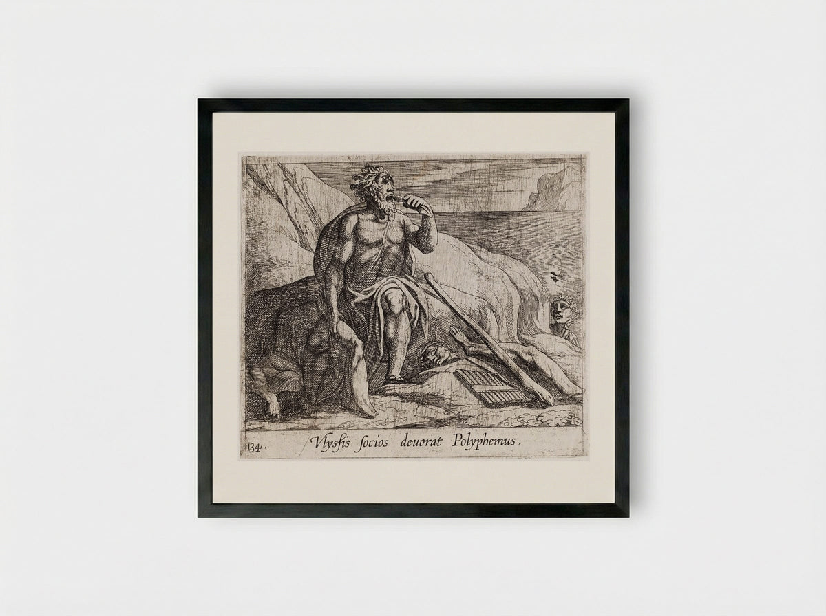 Polyphemus Eating Ulysses' Men, as Achaemides Watches - Antonio Tempesta - Framed Print Black