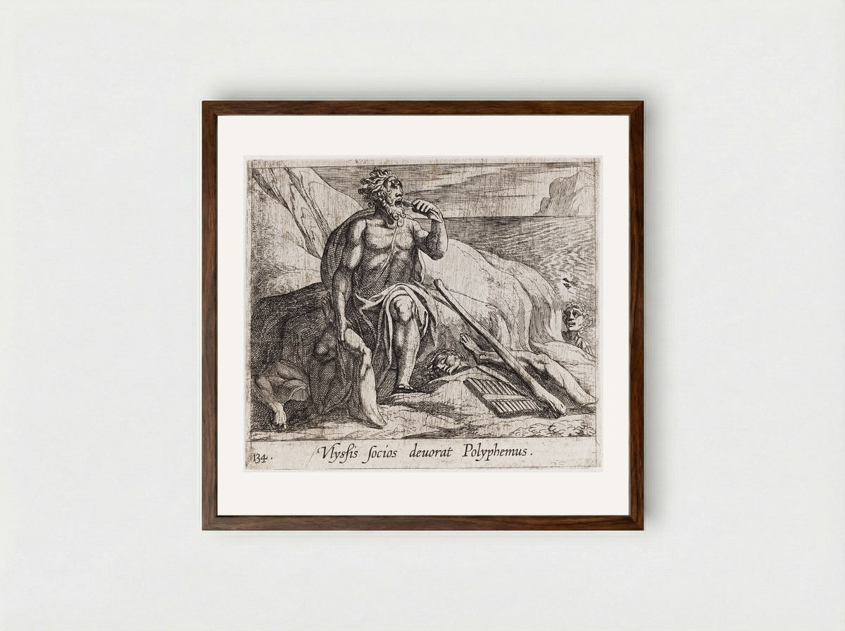 Polyphemus Eating Ulysses' Men, as Achaemides Watches - Antonio Tempesta - Framed Print Dark Wood