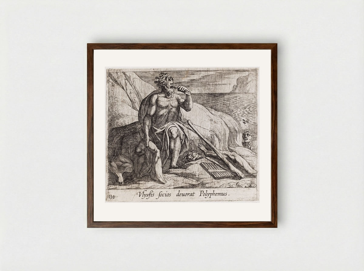 Polyphemus Eating Ulysses' Men, as Achaemides Watches - Antonio Tempesta - Framed Print Dark Wood
