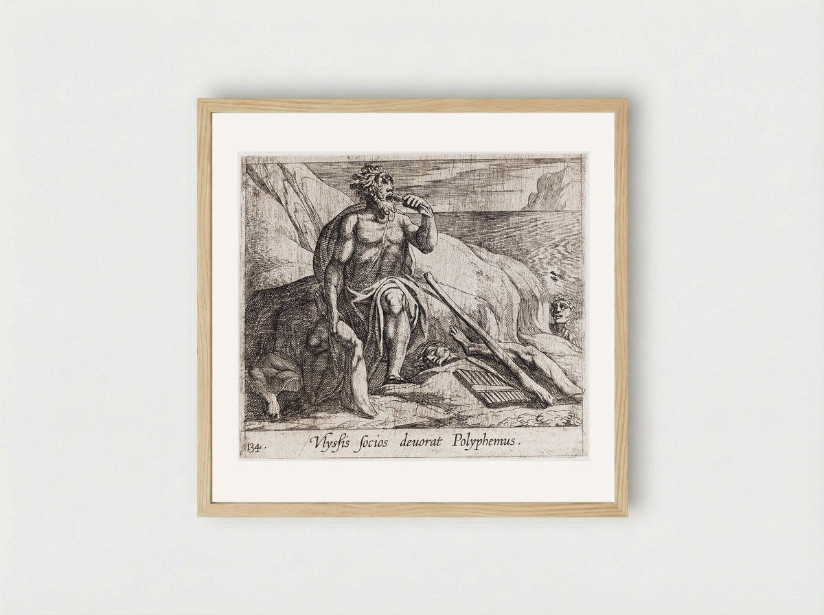 Polyphemus Eating Ulysses' Men, as Achaemides Watches - Antonio Tempesta - Framed Print Wood