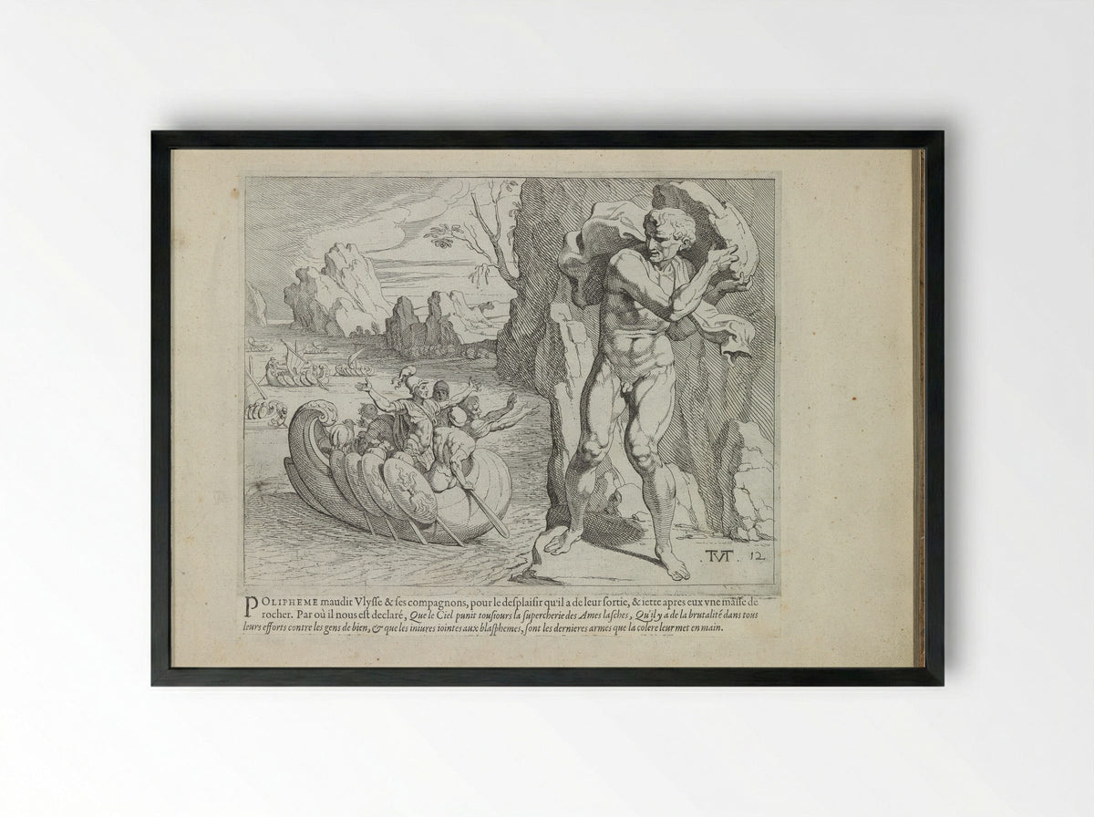 Polyphemus Hurls a Rock at the Ship of Odysseus - Melchior Tavernier - Framed Print Black