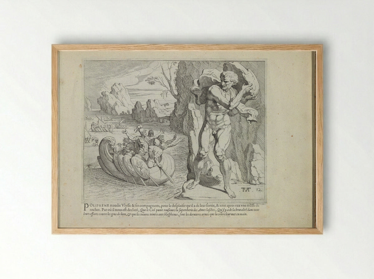 Polyphemus Hurls a Rock at the Ship of Odysseus - Melchior Tavernier - Framed Print Wood