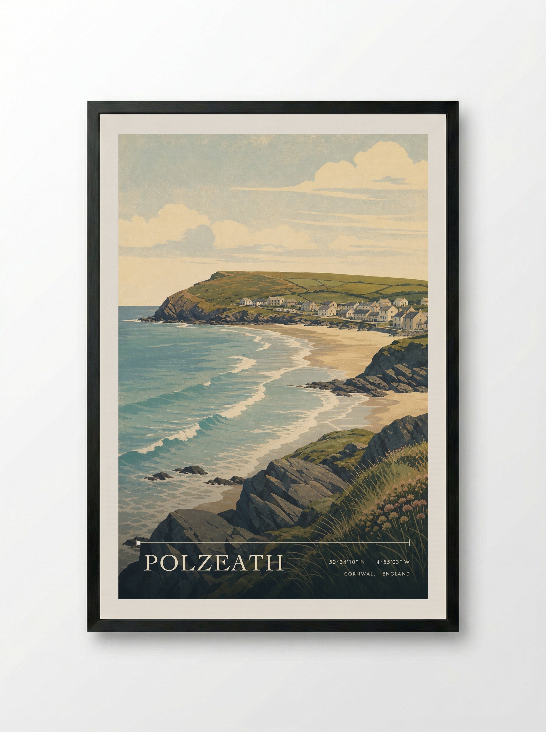 Polzeath Cornwall England Travel Poster - Framed Print Black